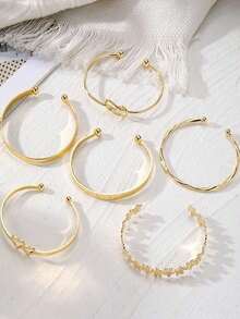 6pcs/Set Double Heart Love Letter Flower Open Bangle For Women, Daily Wear & Party Gift, Gold Color - vàng - Xem 5