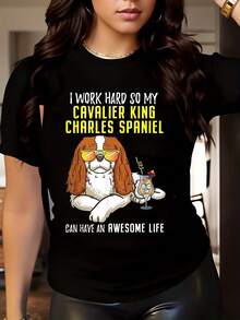 Funny Cavalier King Charles Spaniel Ruby Shirt Gifts Dog Gift 1 Pcs Women's Plus Size T-Shirt Funny Oversized Graphic Short Sleeve Tee Novelty 100% Polyester Shirt Casual Crew Neck Top 220g - Black - View 1