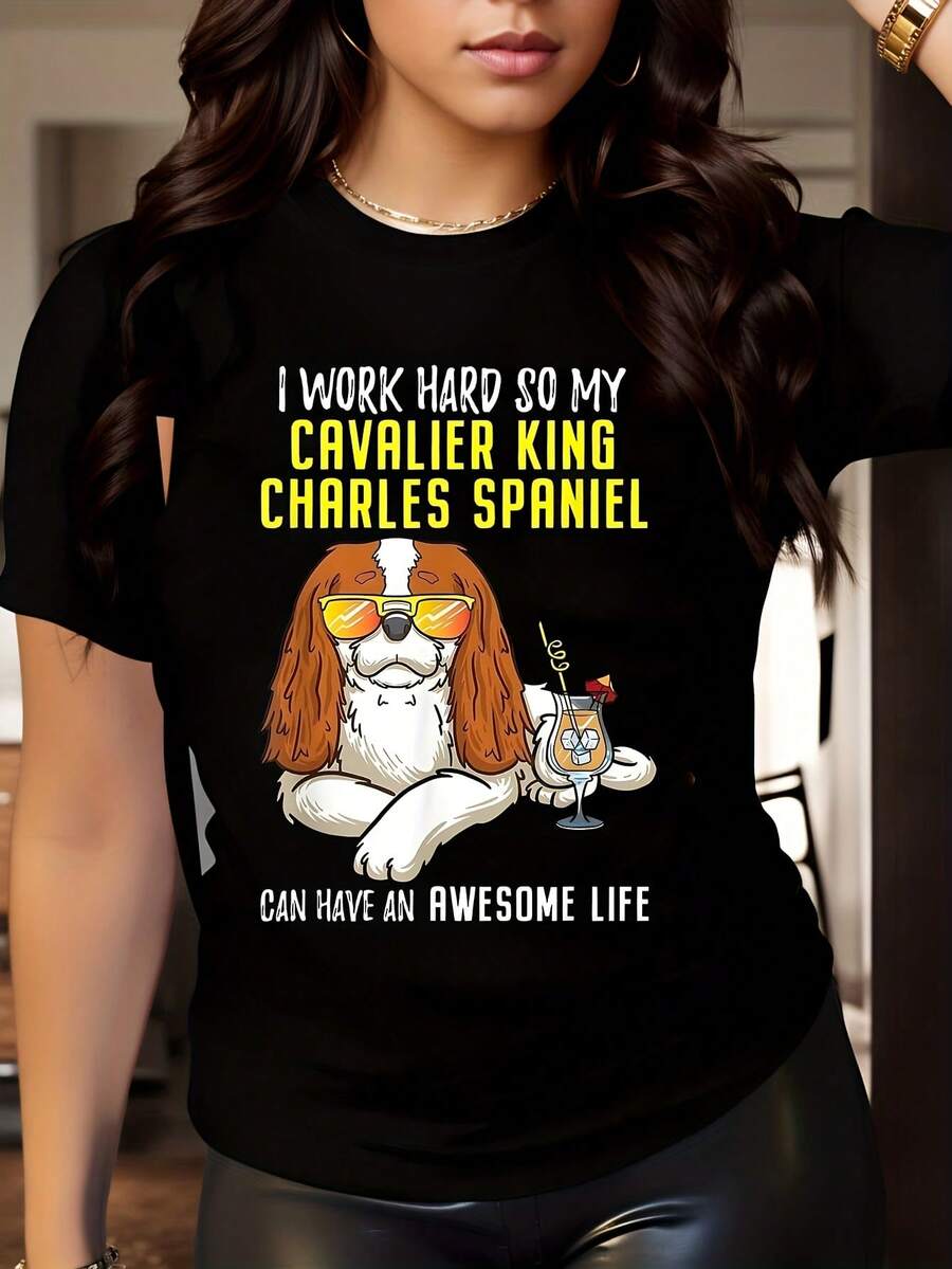 Funny Cavalier King Charles Spaniel Ruby Shirt Gifts Dog Gift 1 Pcs Women's Plus Size T-Shirt Funny Oversized Graphic Short Sleeve Tee Novelty 100% Polyester Shirt Casual Crew Neck Top 220g - Black - View 1