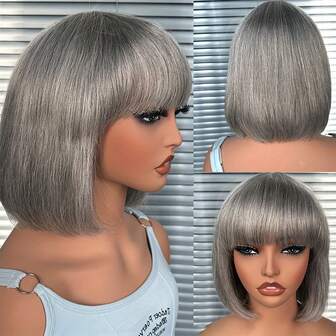 Peluca elegante de 8 pulgadas con flequillo, color gris abuela, sin pegamento, fabricada a máquina, peinado corto y recto, unisex, adecuada para todas las razas