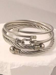 3pcs Chic Cold-Toned Stainless Steel Twisted Bangle Bracelets Women - Bạc - Xem 2