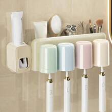 حامل فرشاة الأسنان المثبت على الحائط بدون ثقب مع كأس - منظم حمام لمعجون الأسنان وفرشاة الأسنان موفر للمساحة، شفاف، طقم حامل فرشاة الأسنان