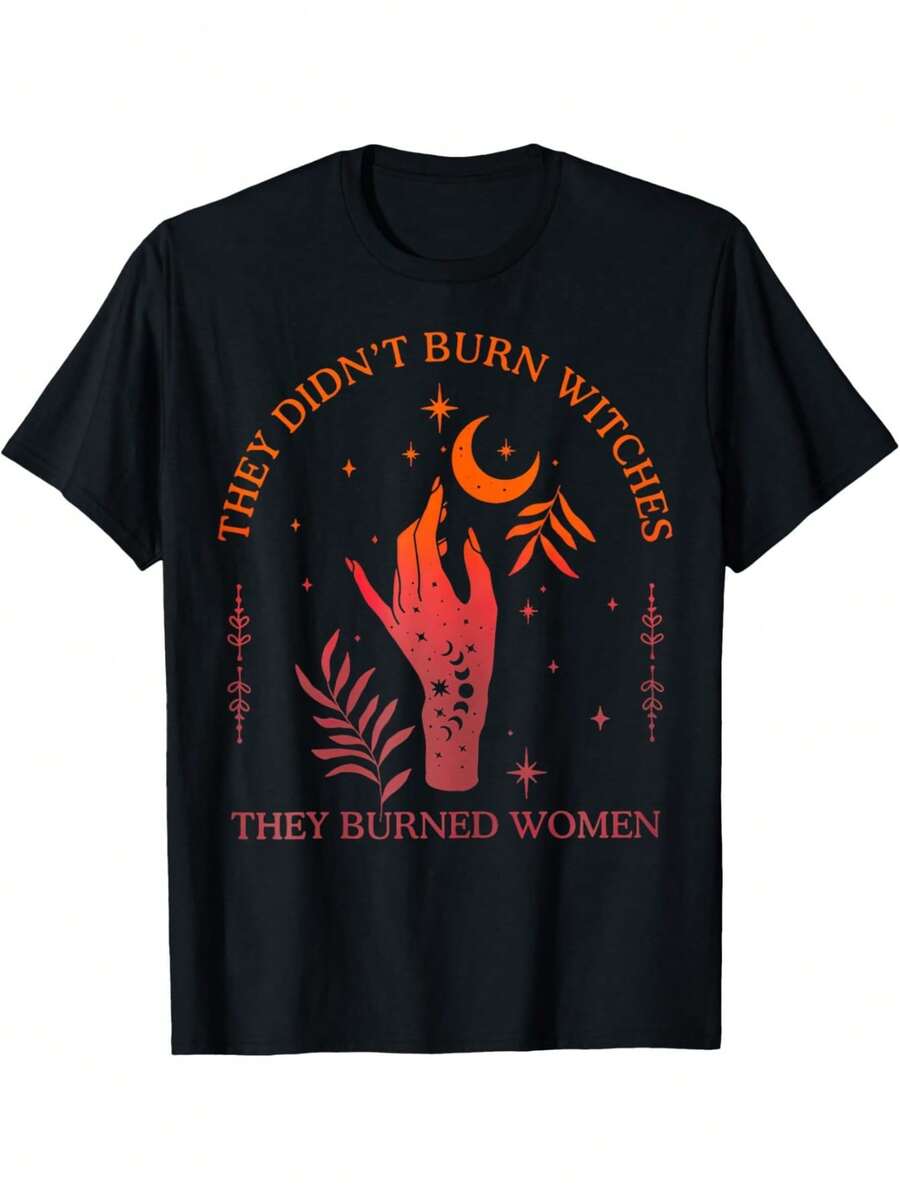 Expresión Feminista| Camiseta Feminista Bruja - Camiseta de Cuello Redondo 100% Algodón con Patrón Geométrico de Bruja, Top de Tejido de Punto de Manga Corta Casual para Todas las Estaciones, Camiseta Gráfica Impresa por Transferencia de Calor para Adultos - Negro - Ver 1