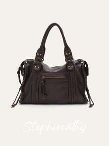 STEPHIECATHY Retro Casual Cool Street Unisex Style Handbag Soft Brush Off Washed PU Vegan Leather Zipper Closure Zip Pockets Braid Decor Large Capacity Small Size Tote Adjustable Long Strap Cross Body Shoulder Bag Top-Handle Purse Women Daily College Commute Travel Versatile - Multicolor - View 13