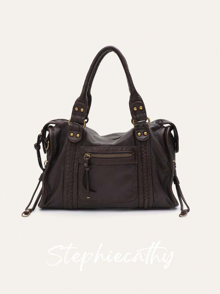 STEPHIECATHY Vintage Casual Cool Street Style Unisex Handbag, Soft Washed PU Leather, Zipper Closure, Zipper Pocket, Woven Decor, Large Capacity, Compact Size, Adjustable Long Shoulder Strap, Crossbody Shoulder Bag, Top Handle, Versatile For Women Daily, College, Commute, Travel - Multicolor - View 13