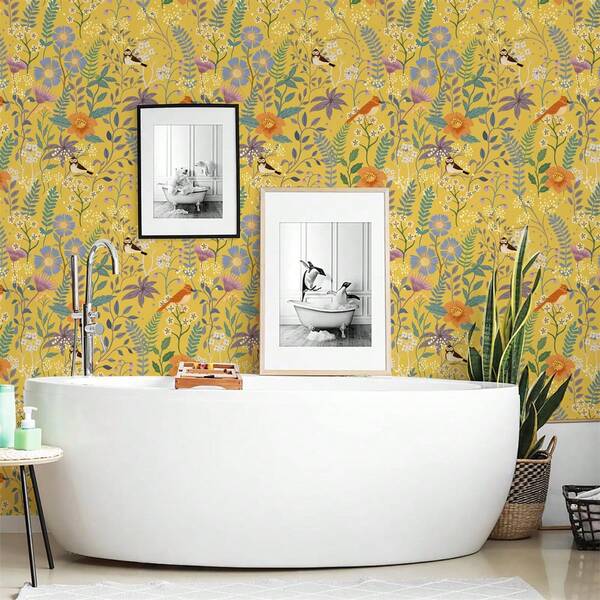 1 Roll Yellow Vintage Floral Wallpaper, 17.3x11.8/196.8/393.7 Bohemian Self-Adhesive Vinyl Wallpaper, Waterproof, Removable, Peel And Stick Contact Paper, Plant Leaf Wallpaper, Suitable For Home Decor, Art Wall, Bedroom, Living Room, Kitchen, Laundry Room, Cabinet, Furniture Renewal