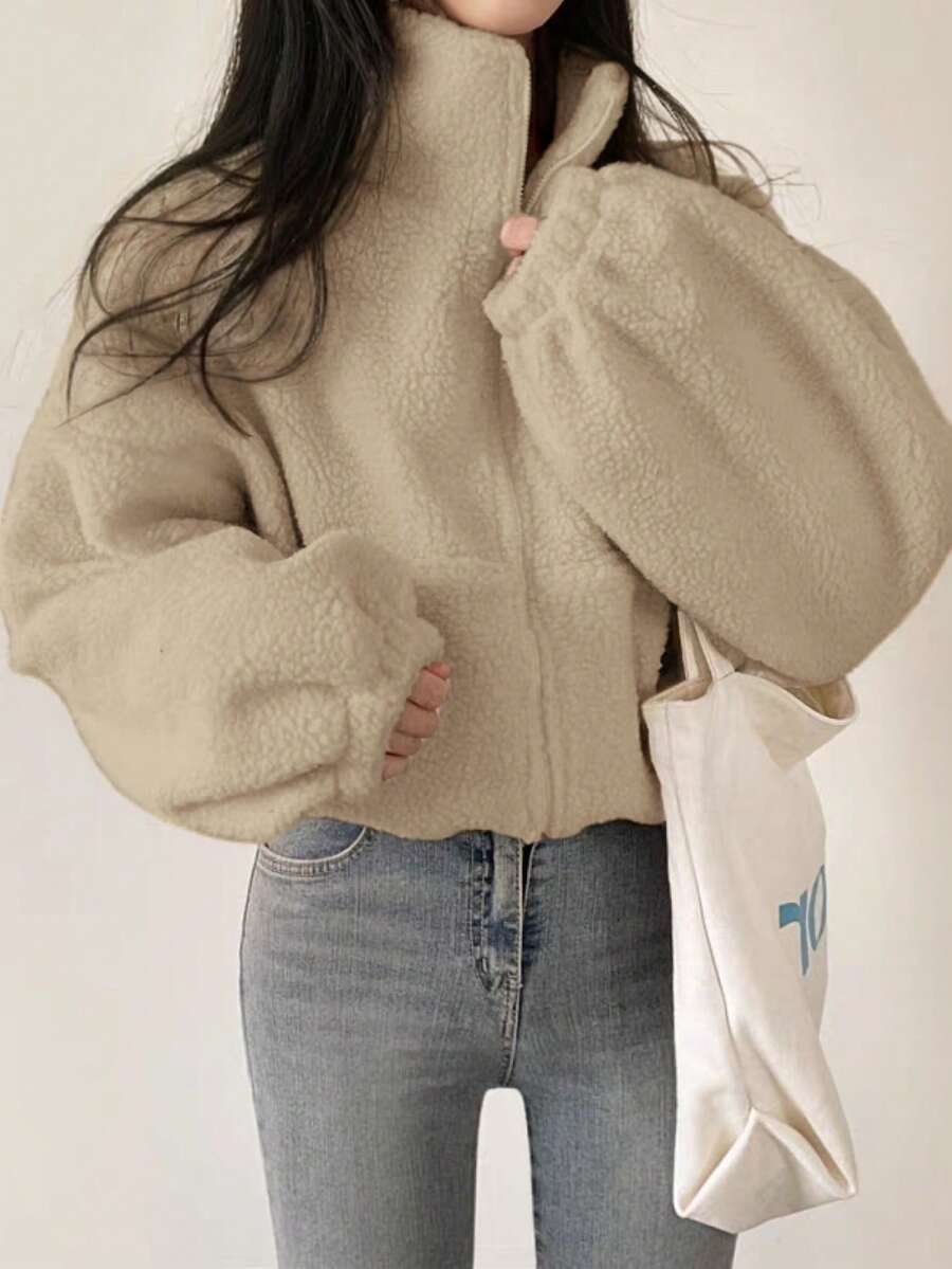 Chaqueta corta de lana de cordero con cremallera, elegante para mujer en otoño e invierno. Chaqueta de estilo teddy de moda sólida y elegante para salir, en color marrón. Cárdigan casual de manga larga y ajuste holgado para mujer, abrigo exterior para fiestas, ropa de Navidad y Año Nuevo.