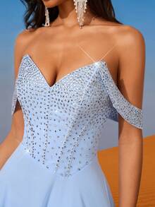 AOSHABABI 雪纺露肩长款晚礼服，水钻装饰修身紧身胸衣，露背，喇叭裙，适合正式场合、音乐节、庆典、婚礼、派对、毕业典礼、鸡尾酒会、约会、节日和伴娘礼服 - 淺藍色 - 查看 10