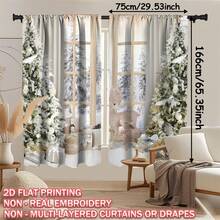2pcs Christmas, Christmas Tree, Reindeer Plush Decor, Flat Print Voile Curtains, Rod Pocket Top, Quality Polyester Fabric, Thick & Durable, Washable, Fade-Resistant, Warm & Cute Christmas Home Decor, Suitable For Bedroom, Living Room, Kitchen, Office, Party