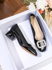 Giày cao gót nữ, Giày công sở thanh lịch, giản dị, mũi vuông, đính đá và ngọc trai, gót dày, đa năng, phong cách tối giản cổ điển, thoải mái, cỡ lớn 41-43, phù hợp đi làm, tiệc tùng, đám cưới, nghỉ dưỡng, mọi mùa - màu đen - Xem 6