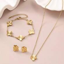1pc/Set Cross-Border Hot-Selling Clover & Flower Necklace, Bracelet, Earrings Stainless Steel Jewelry Set, Fashion Wholesale Flower - Gold - View 6