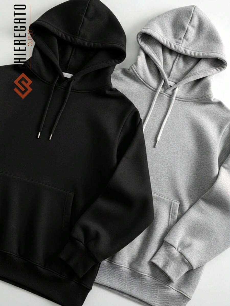 Kit Of 2 Hooded Sweatshirts, Casual Basic Style, Unisex Winter Set - - Gray/Black - View 1