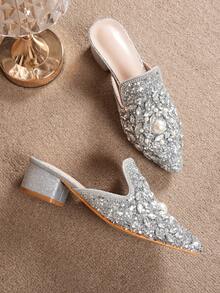 Women's Pointed Toe Mid-Heel Slip-On Mules, Sparkling Rhinestone Embellished, Fashion Dress Shoes For Party & Vacation, Suitable For All Seasons - Silver - View 4