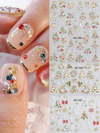3片装圣诞树美甲贴纸，红绿水钻图案，金色美甲贴花，可爱节日冬季配饰，日式可爱风格自粘美甲装饰，适合女孩沙龙DIY设计