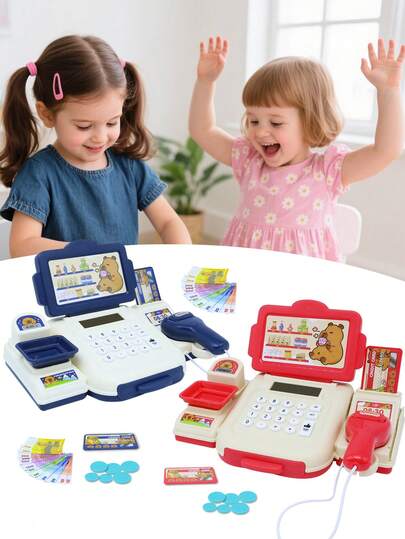 Children's Toy Supermarket Checkout Counter Set (2 Simple Versions, 1 With Calculator/1 Without Calculator, Batteries Not Included) Play Money & Cash Register Pretend Play Toy, Kindergarten Gift, Holiday Gift