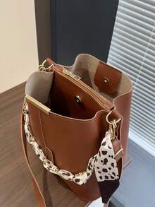Women's PU Leather Bucket Bag With Chain Decor, Crossbody - Brown - View 6