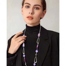 Noessla Layered Long Necklaces For Women Crystal Beaded Statement Necklace Sweater Silver Chain With Gifts Box Jewelry{Inchcolor_nameinch:Inch07-Purpleinch} - 07-紫色 - 查看 5