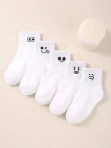 5 /10/20 Pairs/Pack White Couple Cartoon Expression Design Simple & Breathable Children's Mid-Calf Socks - White - View 7