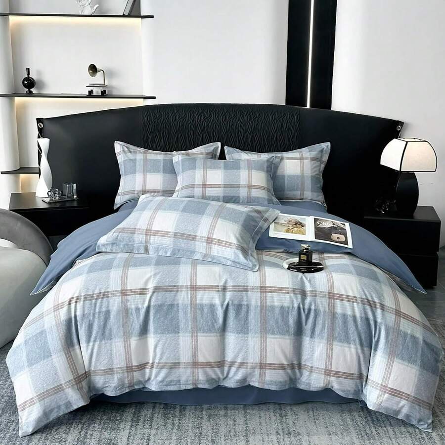 Tan Gingham Grid Duvet Cover Queen 3 Pieces Beige Plaid Duvet Cover 100% Washed Cotton Boho Plaid Comforter Cover With 2 Pillowcases Farmhouse Checkered Gingham Bedding Set Queen, & Retro Style - 拉絲 - 格子藍 - 查看 1