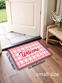 1件格子爱心“欢迎”图案门垫，聚酯纤维材质，节日风格，可机洗，适用于客厅、厨房、卧室、玄关、家居装饰，四季皆宜。 - 粉色 - 查看 13