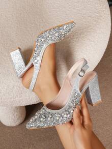 Fashionable Women's High Heel Pumps, Elegant Western Style Wedding Rhinestone Buckle Party Banquet Charming Sexy Heels, Suitable For All Seasons - Silver - View 2