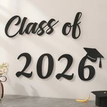 مجموعة ديكور لحفل التخرج 2025، قبعة سوداء وحروف مصنوعة من الشعر الاصطناعي للديكور على خلفية الحائط - الأسود - مشاهدة 18