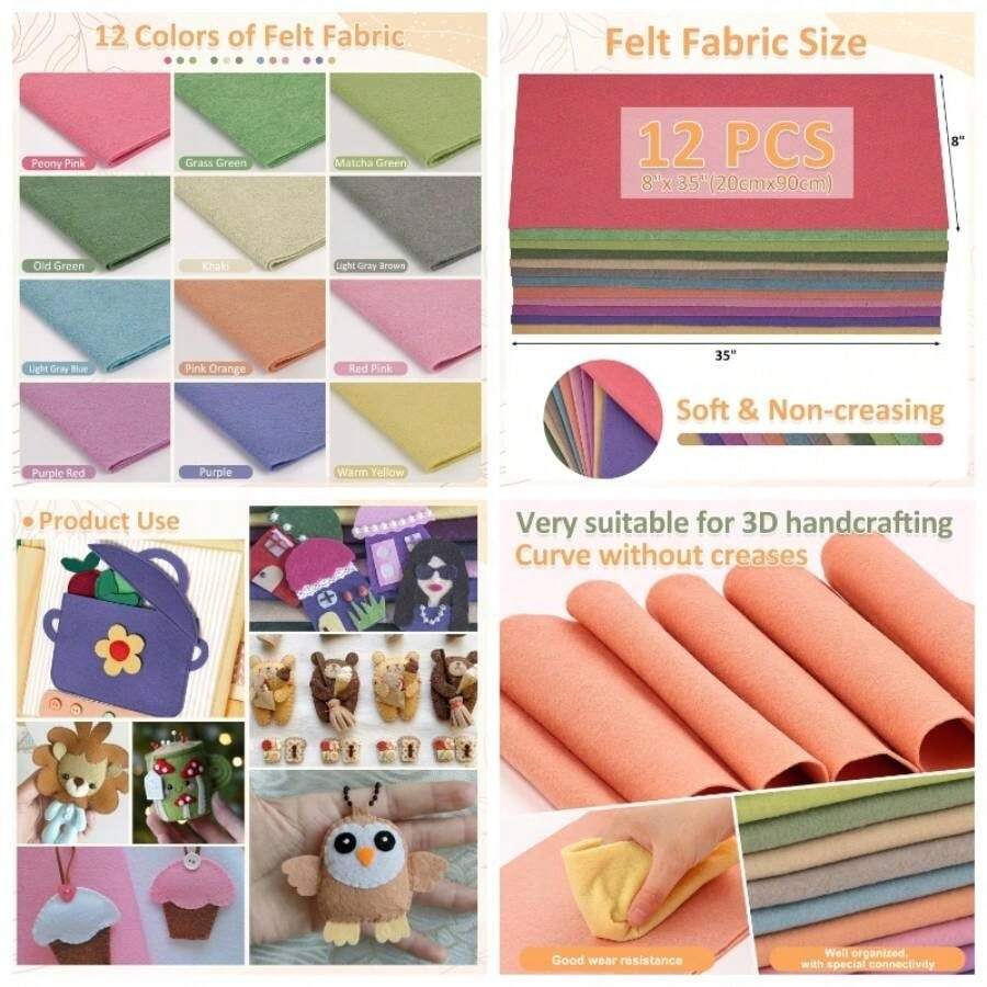 12 rollos de 8x 35 pulgadas, 1, 4 mm de grosor, hoja de tela de fieltro suave, 12 colores surtidos de la serie Morandi paquete de fieltro, para manualidades, costura, cuadrados, parches no - Multicolor - Ver 1