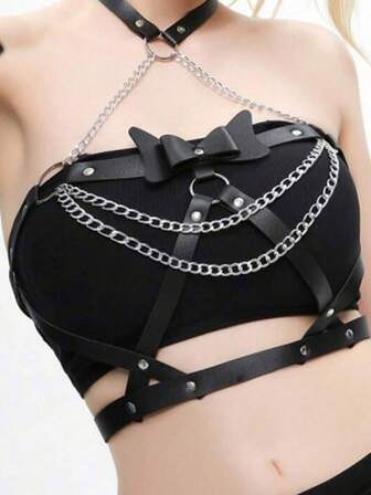 1件女士蒸汽朋克配饰，暗黑哥特风格时尚PU皮革吊带，带链条，适合万圣节派对或日常佩戴