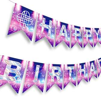 1 set K-pop-tema anime-festdekorationer, lila rosa konserttema grattis på födelsedagen gör-det-själv-vimpelsträngar, lämplig för flickasångerskans födelsedagsfestdekor, rosa lila magiskt musiktema festtillbehör
