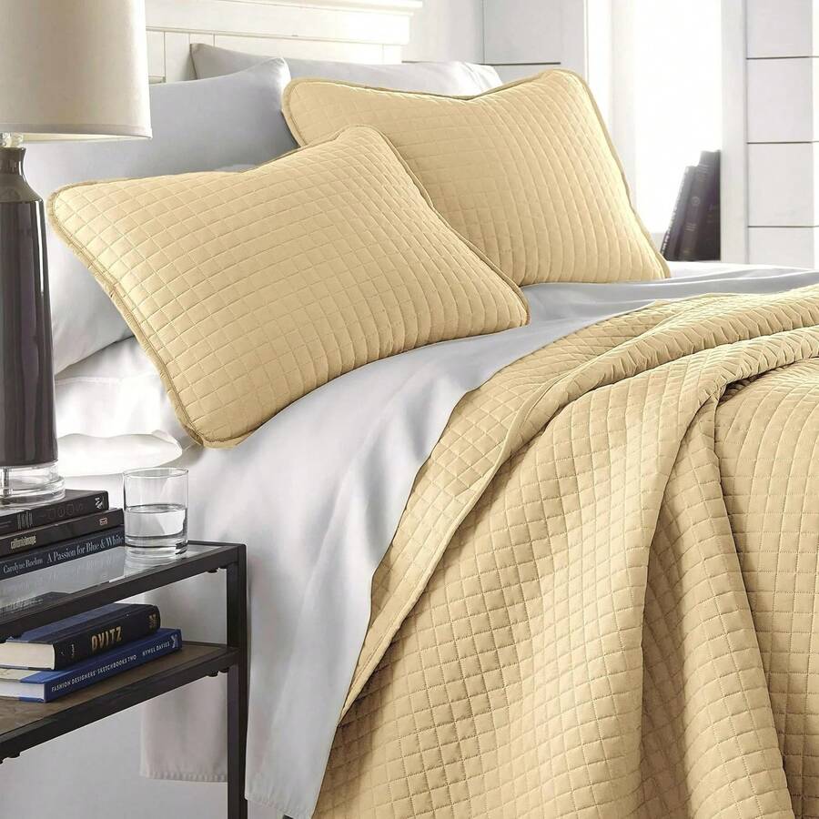 Full/Queen Quilt Bedding Set, Microfiber Quilts Queen Size, Coverlet, Stain & Pet Hair Resistant Bedding, Full Size Bedspread With 2 Pillow Shams, Bone, 2025 - 15 - 柔和的金色 - 查看 1