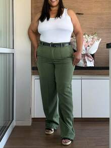 Straight Leg Plus Size Tailored Trousers 46-50 With Belt, Button And Zipper Closure 8827 - 軍綠色 - 查看 2