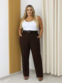Straight Leg Plus Size Tailored Trousers 46-50 With Belt, Button And Zipper Closure 8827 - 鏽棕色 - 查看 3