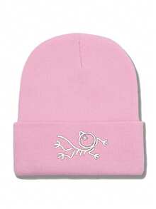 1pc Cartoon Bird Embroidered Streetwear Retro School Style Knit Beanie Hat, Warm Winter Headwear For Men