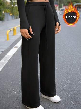 Women'S Autumn/Winter Thermal Lined Straight Leg Wide Leg Pants, Curve Flattering Cut, With Pockets And Drawstring Waist Tights