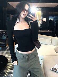 Sexy Black Long Sleeve Fitted T-Shirt For Women, Chic & Versatile Autumn Pullover Top