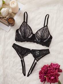 Sexy Black Lace Sheer Seductive Women's Lingerie Set - Black - View 2