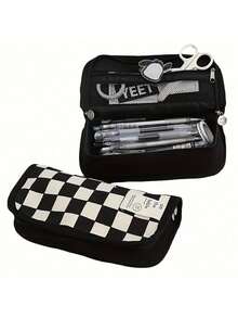Large Capacity Pencil: Checkerboard Grid Design, Canvas Multi-Functional Pencil Bag - Black and White Plaid - View 3