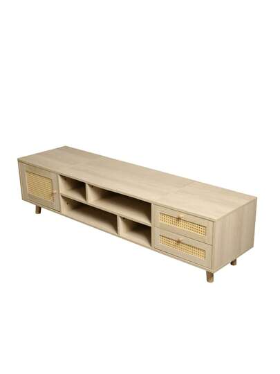 High End 160cm Rattan TV St In Wood Finish 70 Inch TVs Cable Management, Drawers, Door, Unit, Base Living Room Furniture, Low view 8