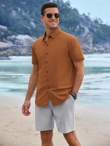 Men's Basic Plain Short-Sleeved Dress Shirt For Summer - Camel - View 1