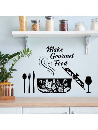 1pc Cutlery & Wine Glass English Slogan Decorative Sticker PVC Sticker Removable Self-Adhesive Easy-Tear Sticker Home Decor To Brighten Your Life Holiday Decoration Stickers Birthday & Graduation Gift