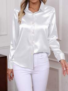 Elegant Satin Shirt For Women, Classic Soft Comfortable Single-Breasted Long Sleeve Solid Color Blouse, 2025 New Arrival - White - View 1
