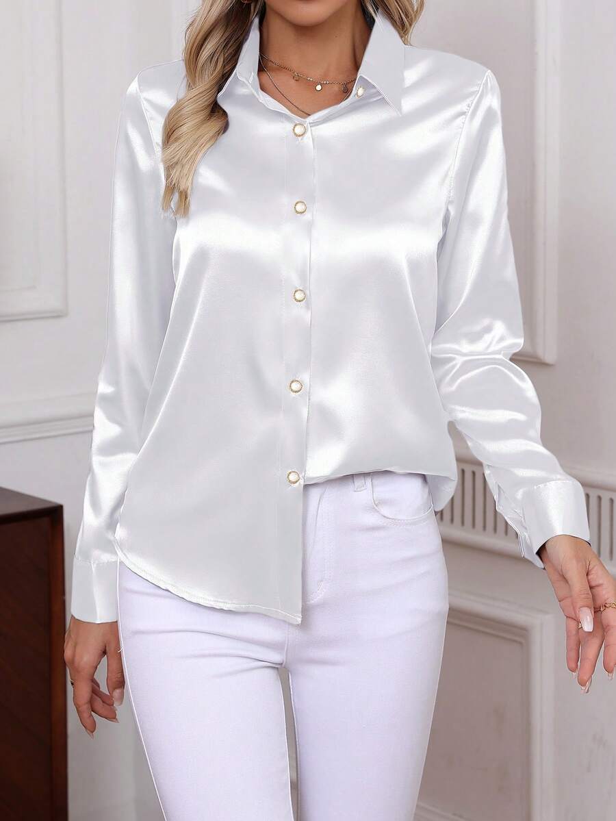 Elegant Satin Shirt For Women, Classic Soft Comfortable Single-Breasted Long Sleeve Solid Color Blouse, 2025 New Arrival - White - View 1