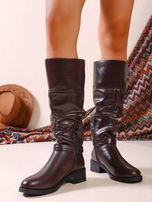 Women's Knee-High Boots, Minimalist Solid Color, Round Toe, Soft Sole, Non-Slip, Versatile, 2025 Autumn/Winter New Arrival, Slip-On, Fashion Pleated Design, Outdoor Boots - Reddish Brown - View 4