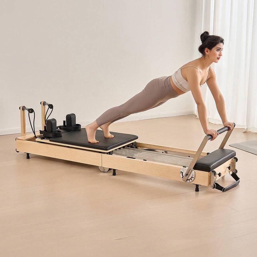 Foldable Pilates Reformer, Wooden Pilates Workout Machine For Home Gym Studio Use, Pilates Bed With Dual Resistance- Spring & Cord, Reformer Set With Sitting Box, Up To 400 LBS - Maple Foldable - View 1