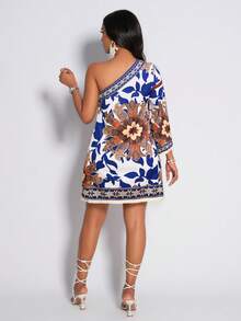 AIJ Vestido casual de mujer Amarilo con estampado de selva tropical y flecos en el bajo, adecuado para el uso diario y de vacaciones, nuevo vestido con estampado floral para primavera/verano - Azul - Ver 2