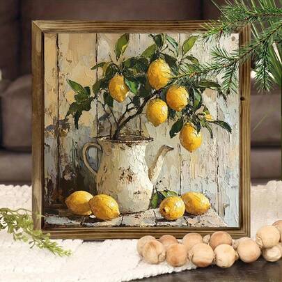 1pc Bohemian Style Wooden Lemon Still Life Art Sign, Vintage Inspired Wall Hanging Decorative Plaque, Multipurpose Landscape Theme Home And Office Decoration, 20.32x20.32, No Electricity Required, Suitable Kitchen, Garage