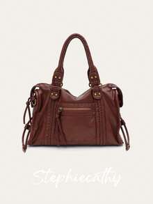 STEPHIECATHY Retro Casual Cool Street Unisex Style Handbag Soft Brush Off Washed PU Vegan Leather Zipper Closure Zip Pockets Braid Decor Large Capacity Small Size Tote Adjustable Long Strap Cross Body Shoulder Bag Top-Handle Purse Women Daily College Commute Travel Versatile - Multicolor - View 14