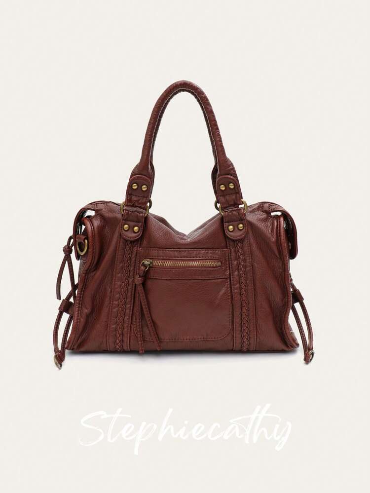 STEPHIECATHY Vintage Casual Cool Street Style Unisex Handbag, Soft Washed PU Leather, Zipper Closure, Zipper Pocket, Woven Decor, Large Capacity, Compact Size, Adjustable Long Shoulder Strap, Crossbody Shoulder Bag, Top Handle, Versatile For Women Daily, College, Commute, Travel - Multicolor - View 14