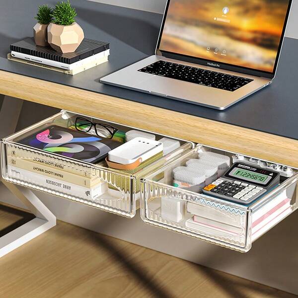 1pc Clear Under Desk Drawer, Self-Adhesive Storage Organizer For A Clutter-Free Desk, Compact, Invisible Design,Easy No-Drill Install, Perfect For Home Office & Makeup