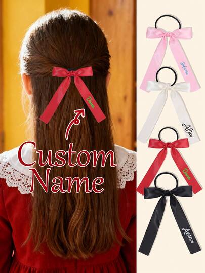 1pc Custom Name Elegant Plain Bow Hair Tie For Girls Beige/Red/Pink/Black Plain Personalized Elastic Band Glossy Pure Color Hair Rope Simple Daily Customized Ponytail Elastic Band Cute Sweet Holiday Custom Text Hair Tie Kids Hair Accessory
